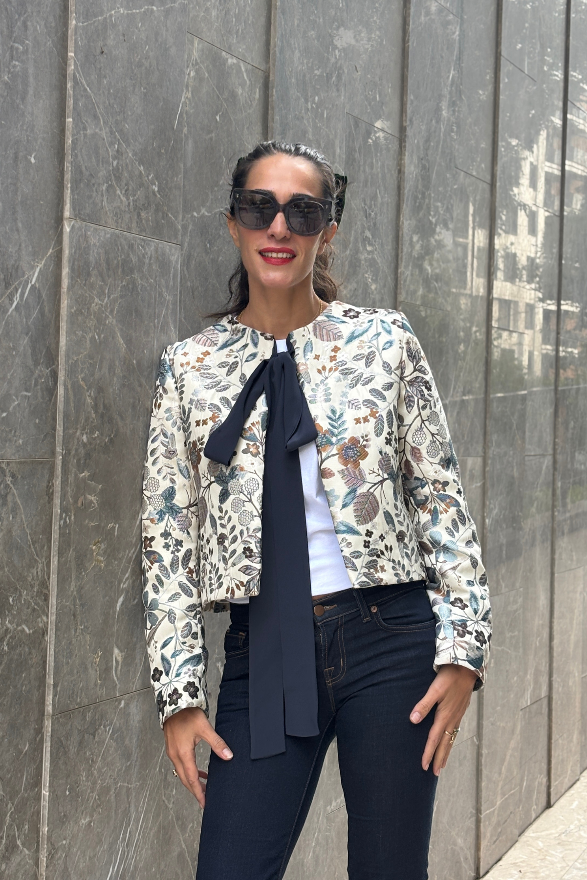 Dokuma Crop Blazer Ceket - Mavi