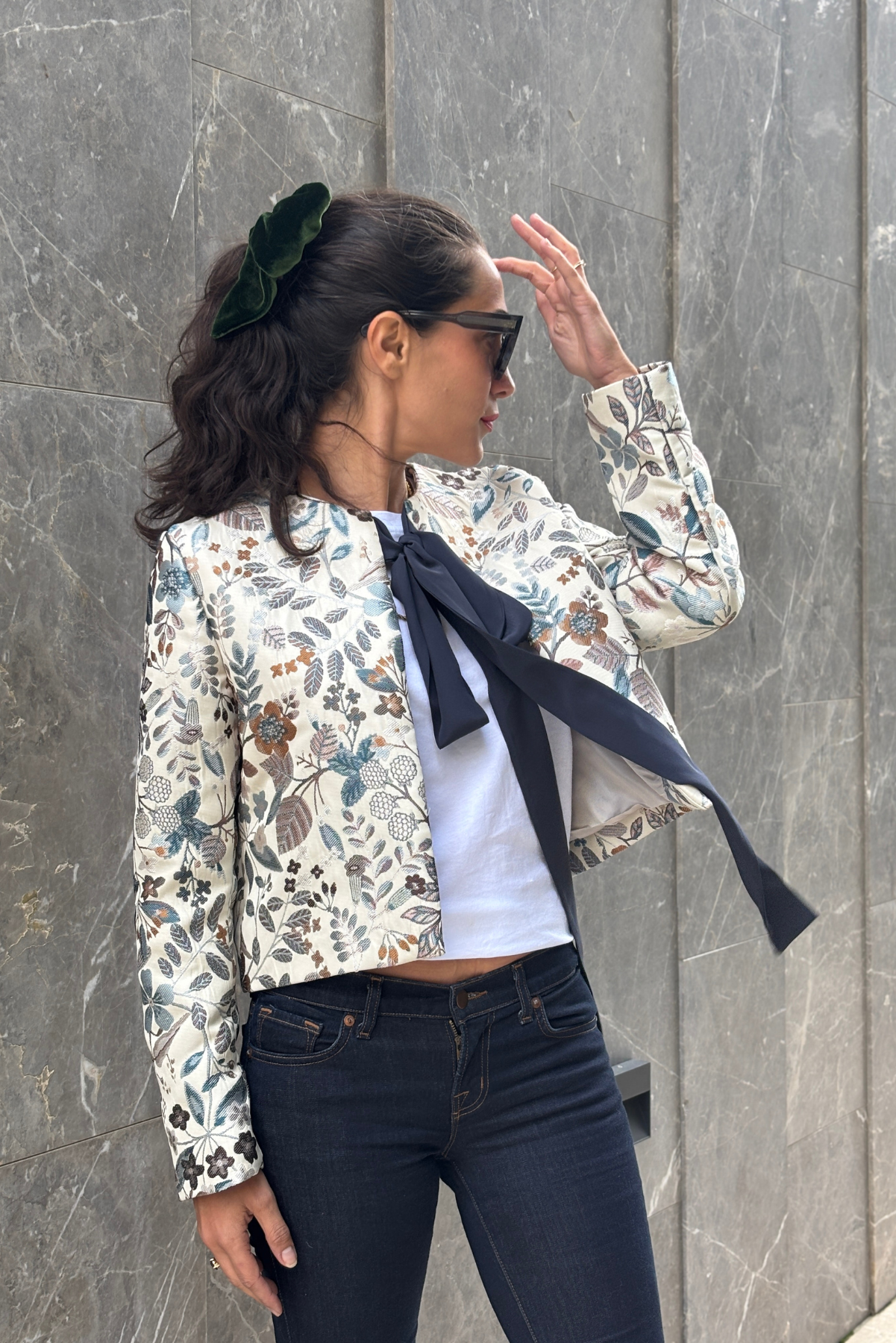 Dokuma Crop Blazer Ceket - Mavi