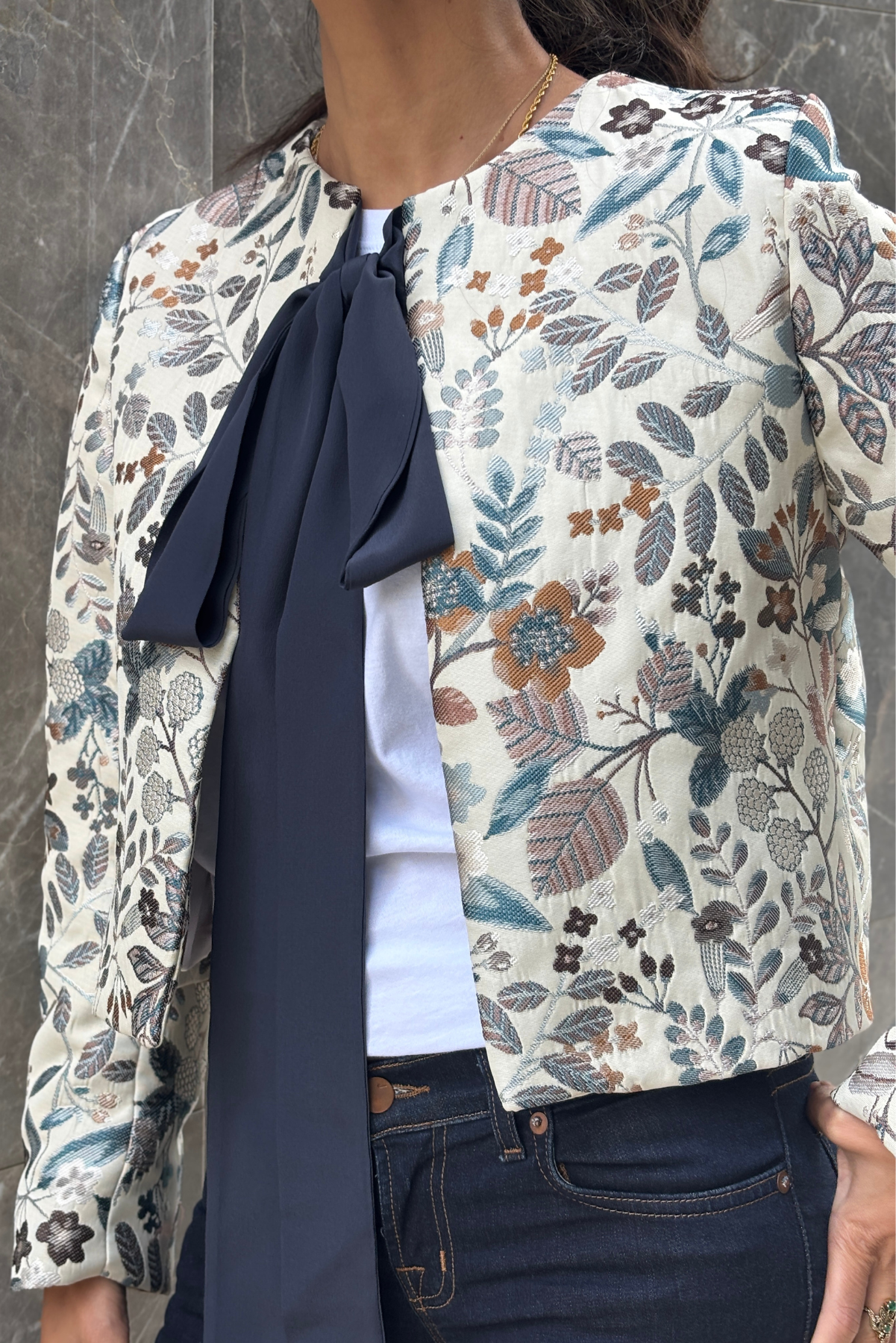 Dokuma Crop Blazer Ceket - Mavi