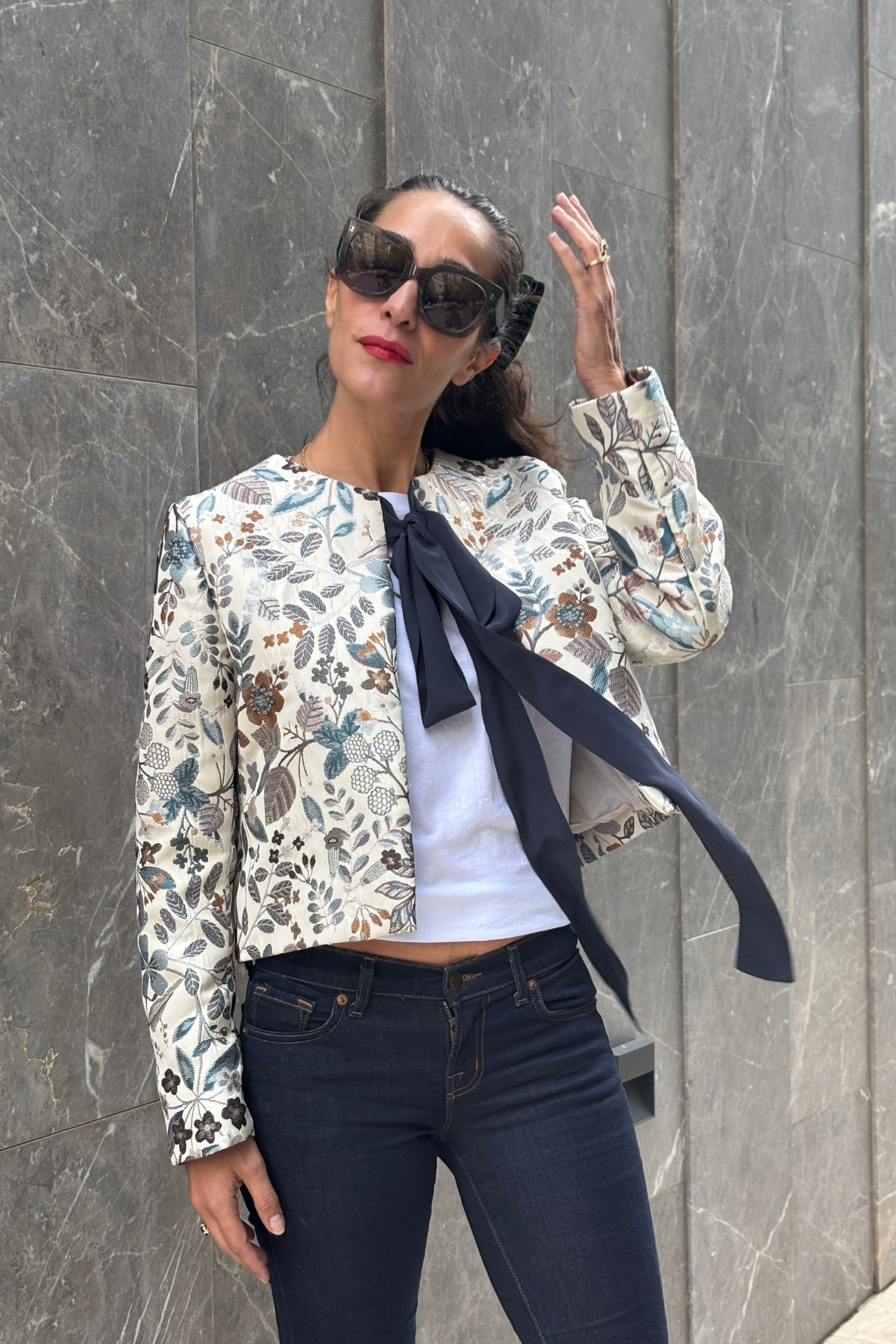 Dokuma Crop Blazer Ceket - Mavi