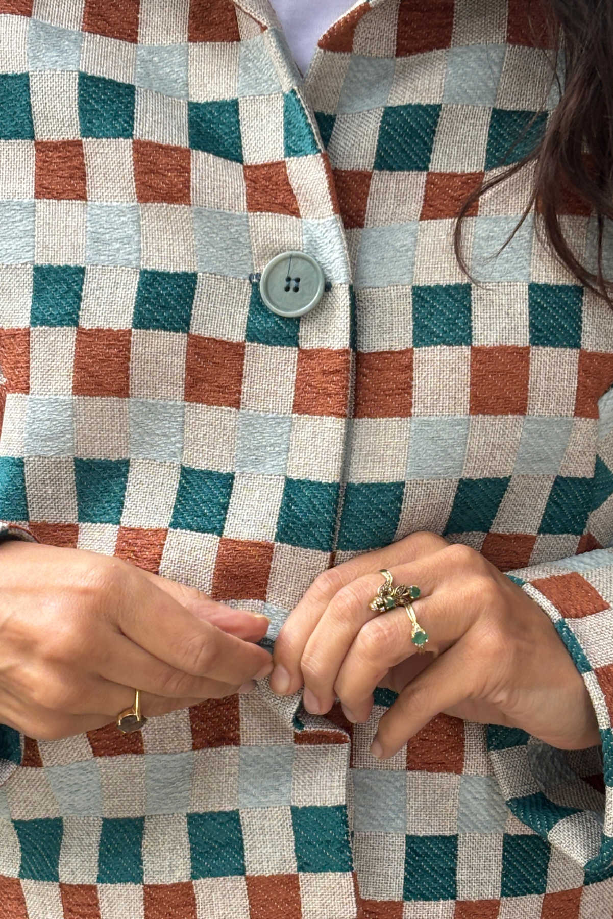 Damalı Dokuma Crop Blazer Ceket - Kiremit & Turkuaz