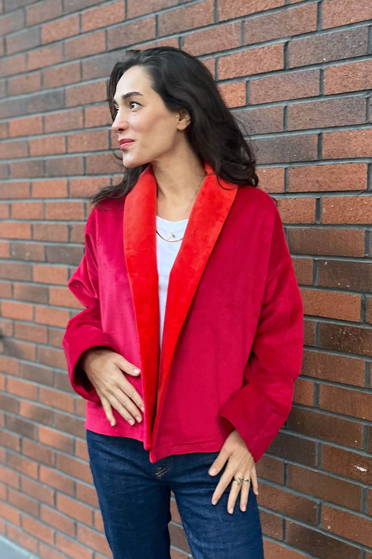 Fuşya Kırmızı Kadife Ceket