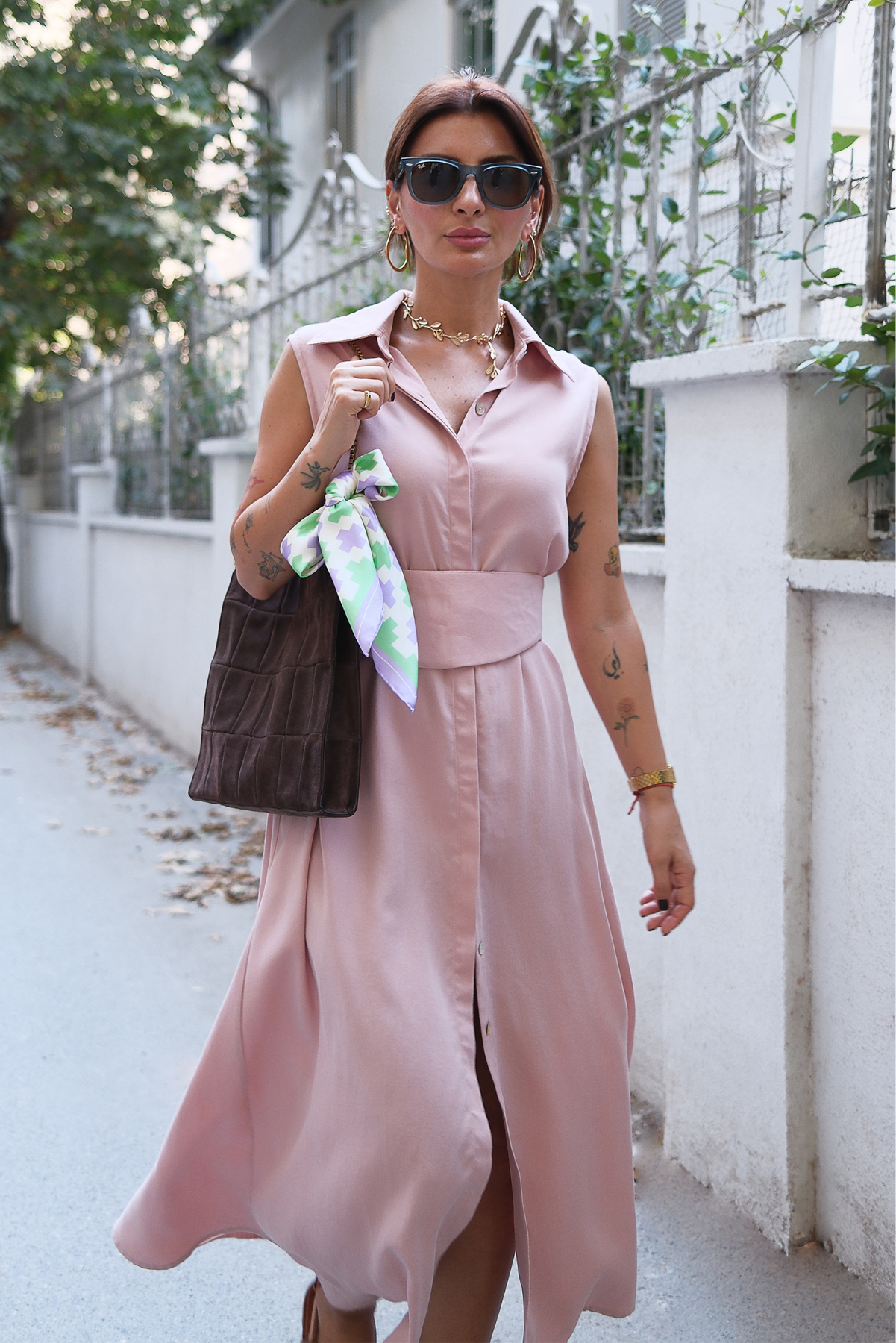 Toz Pembe Tencel Maksi Elbise