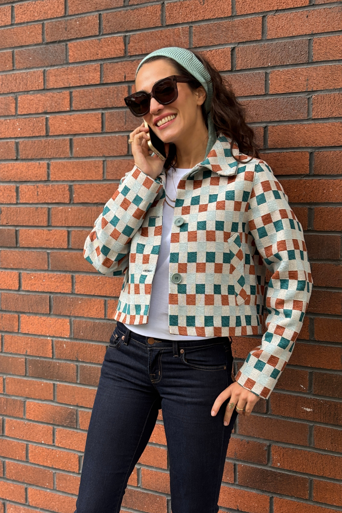 Damalı Dokuma Crop Blazer Ceket - Kiremit & Turkuaz