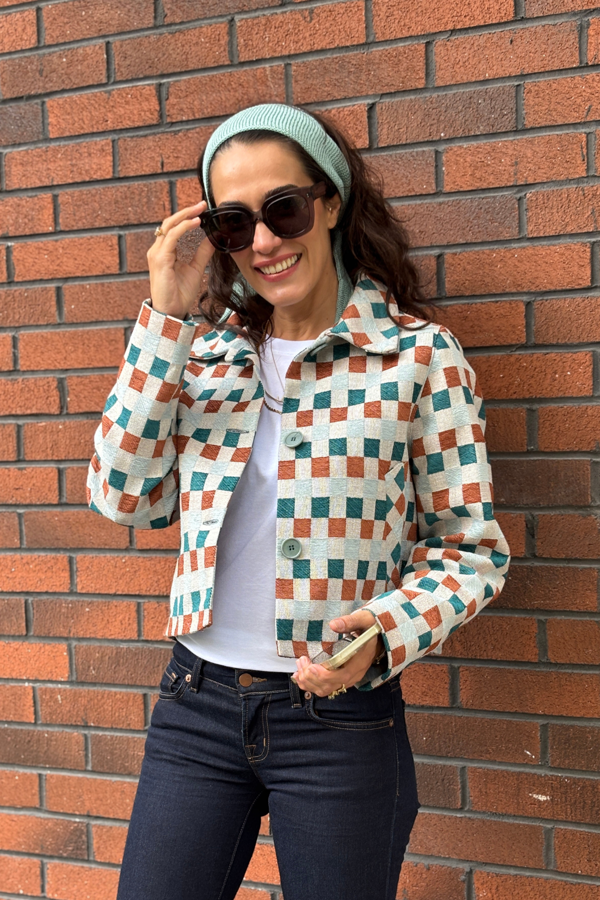 Damalı Dokuma Crop Blazer Ceket - Kiremit & Turkuaz