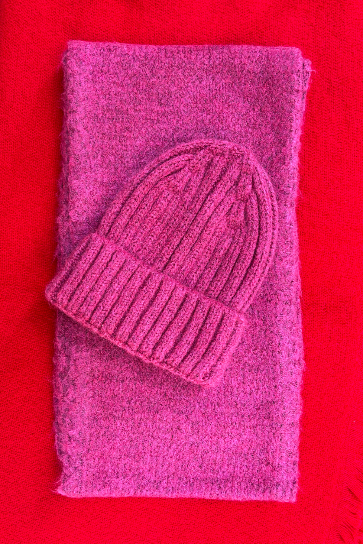 Fuşya Yün Atkı Bere Seti