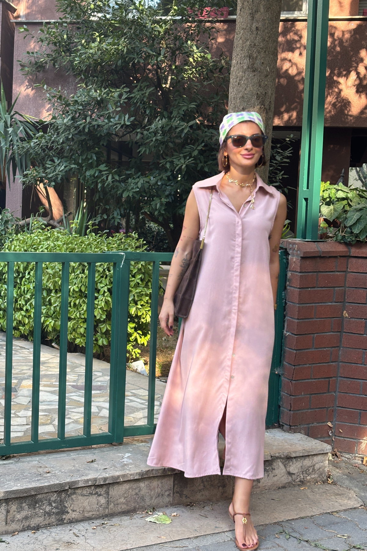 Toz Pembe Tencel Maksi Elbise