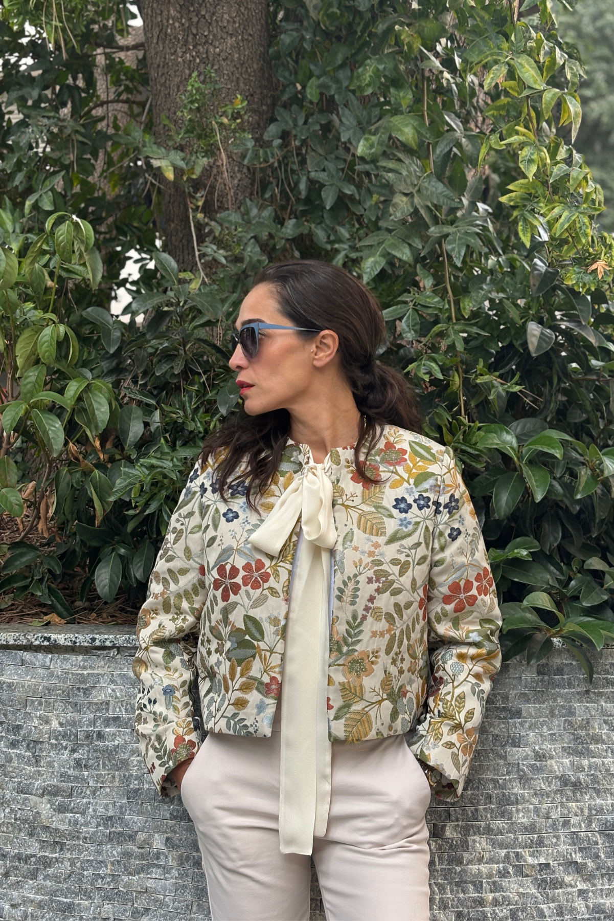 Dokuma Crop Blazer Ceket - Krem