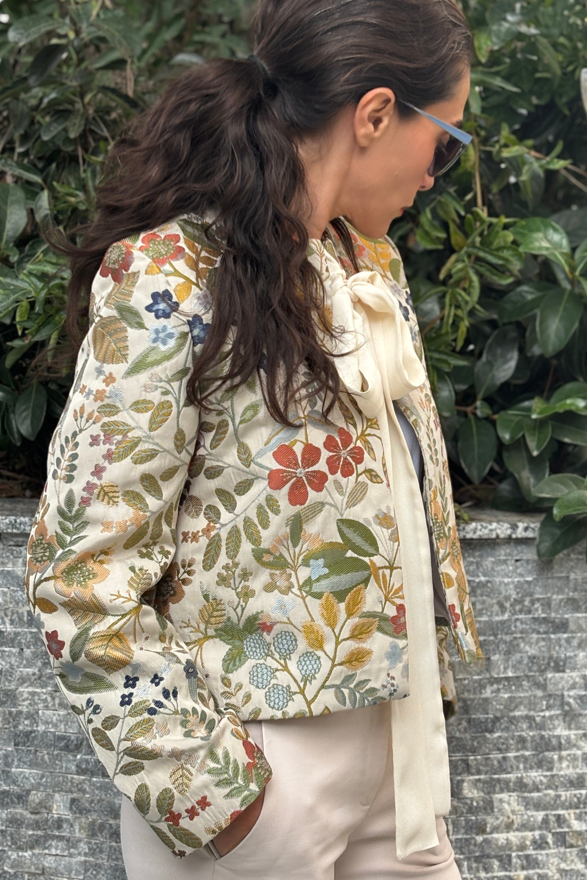 Dokuma Crop Blazer Ceket - Krem