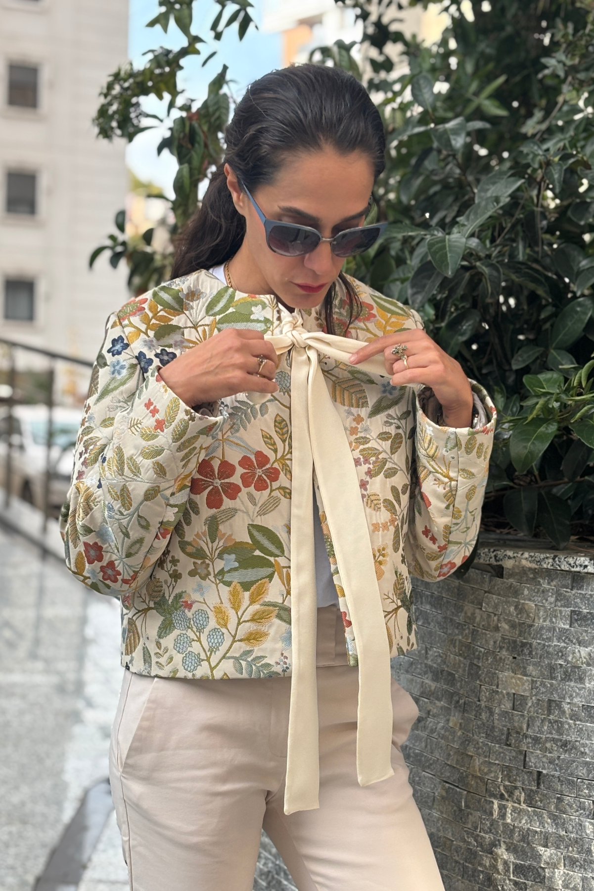 Dokuma Crop Blazer Ceket - Krem