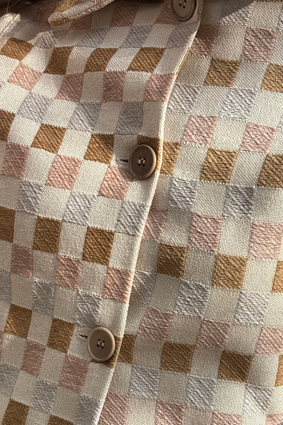 Damalı Dokuma Crop Blazer Ceket - Pembe & Krem