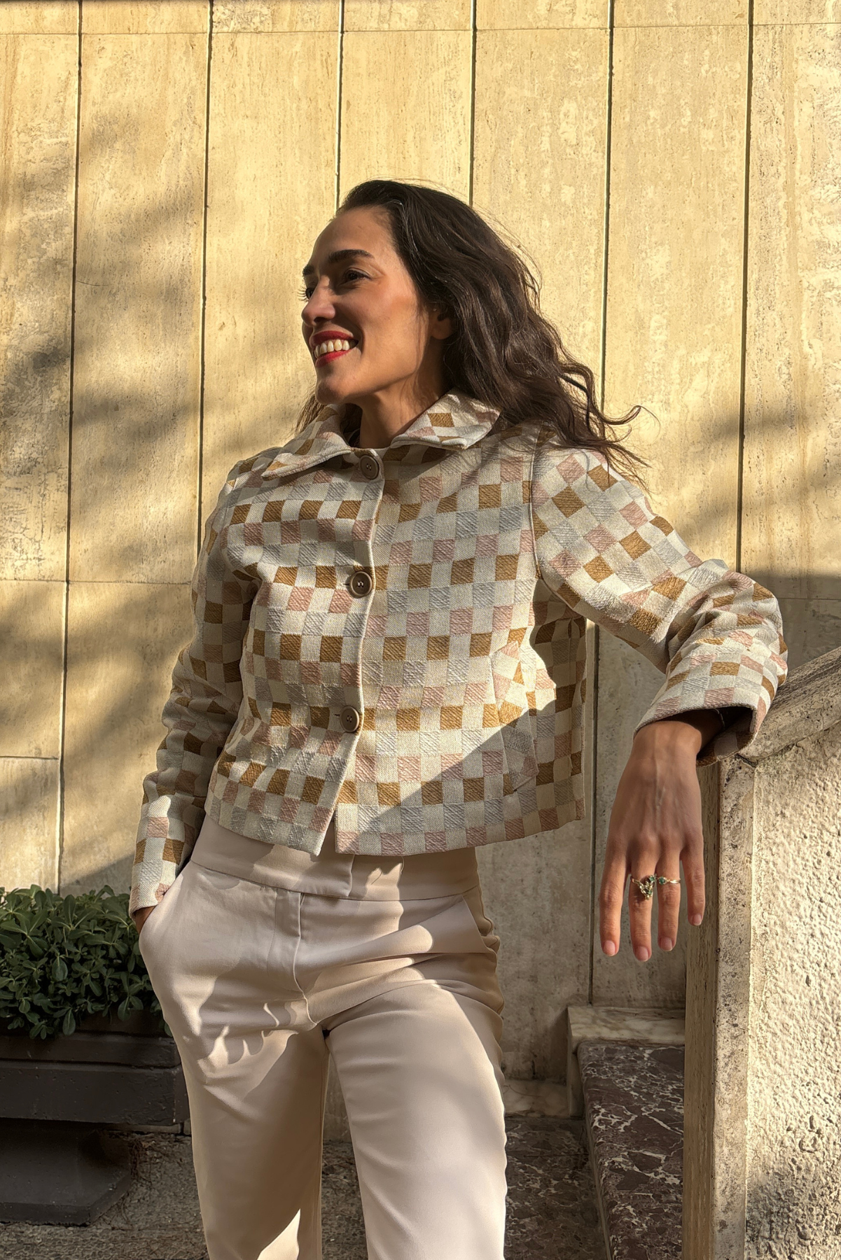 Damalı Dokuma Crop Blazer Ceket - Pembe & Krem