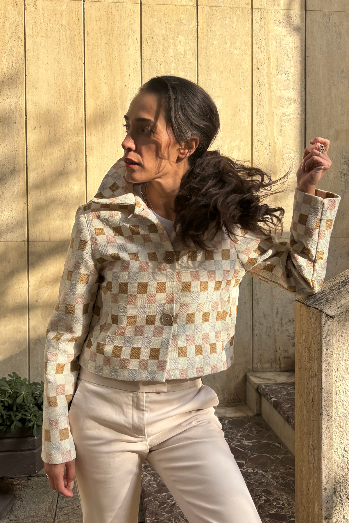 Damalı Dokuma Crop Blazer Ceket - Pembe & Krem