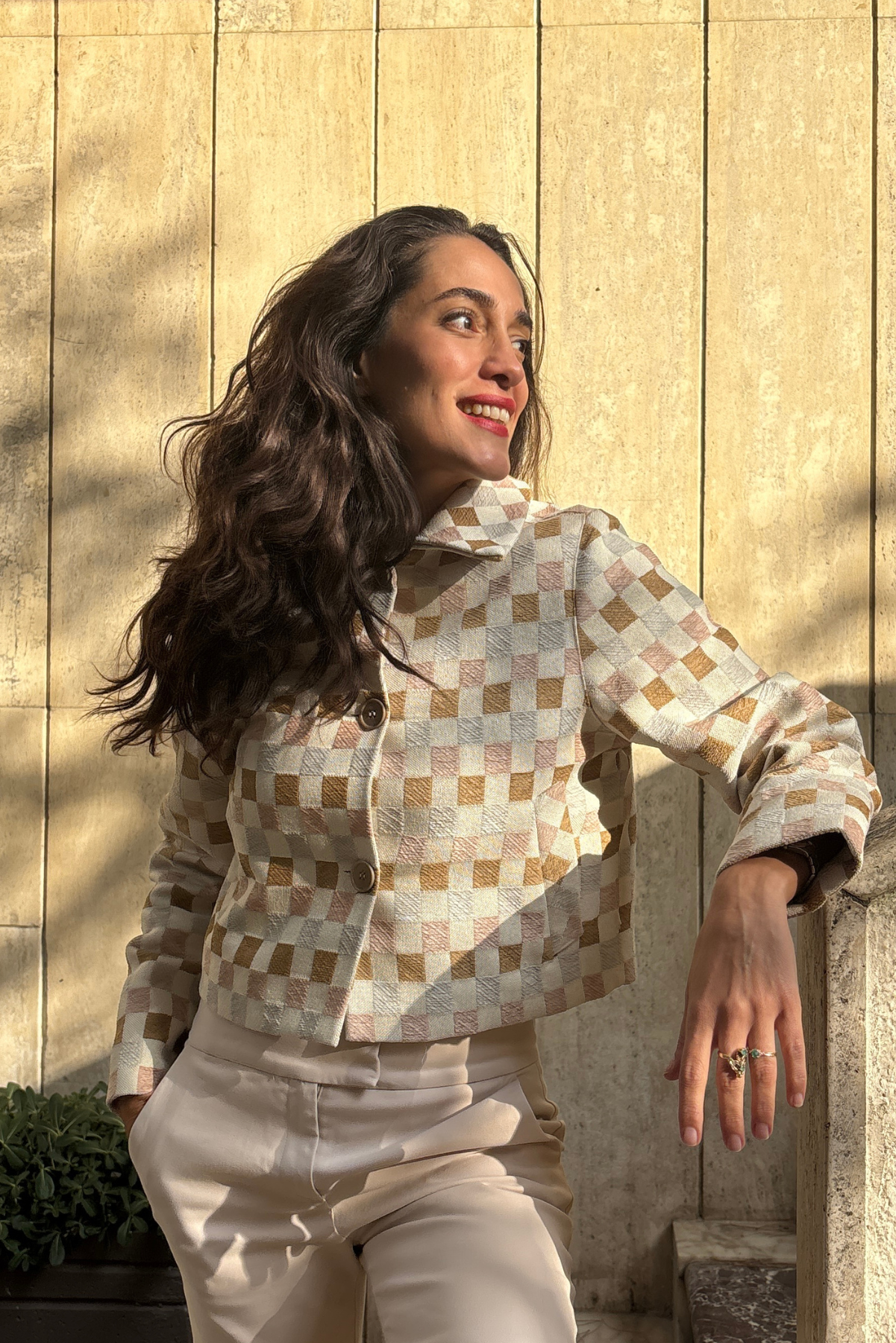 Damalı Dokuma Crop Blazer Ceket - Pembe & Krem