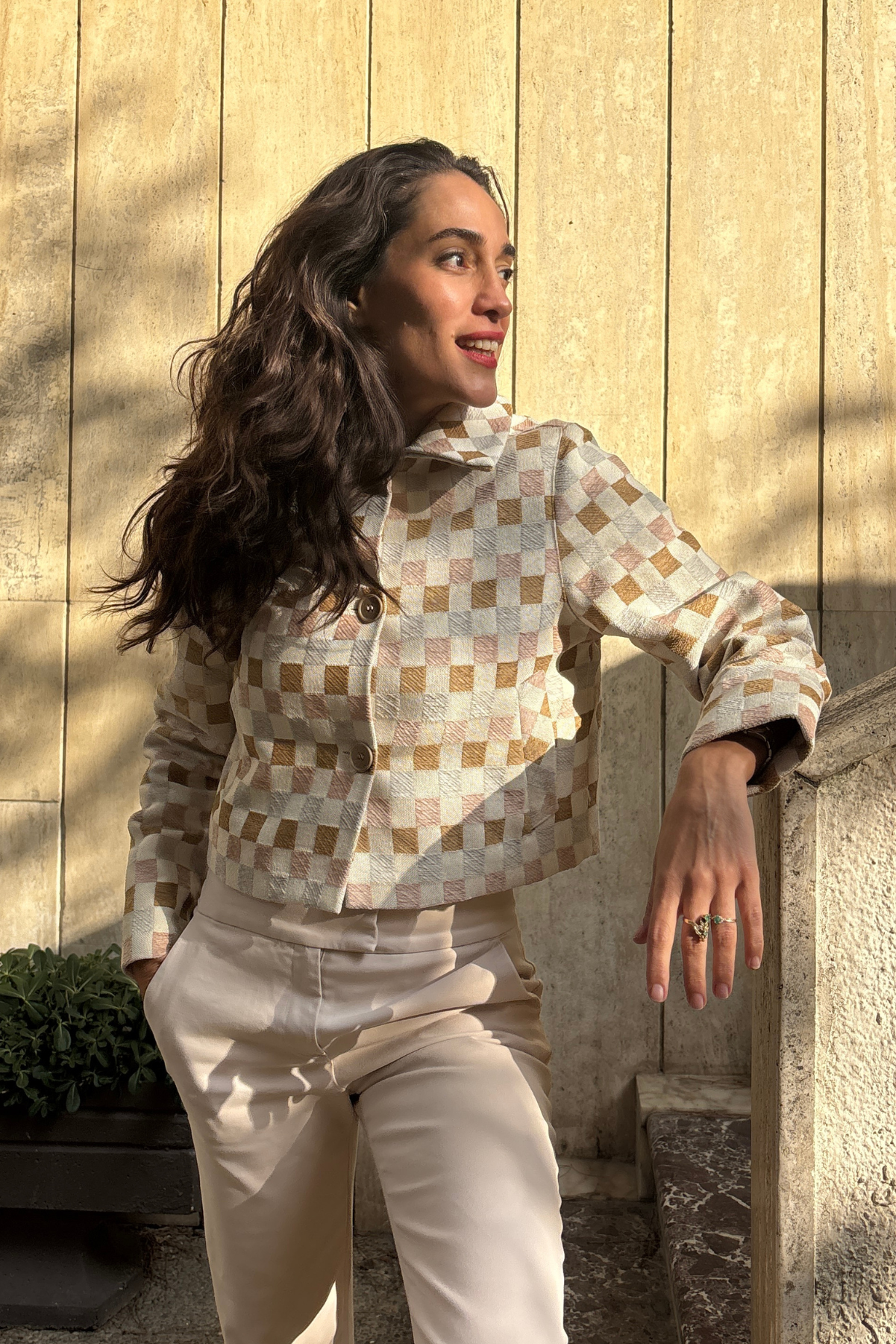 Damalı Dokuma Crop Blazer Ceket - Pembe & Krem