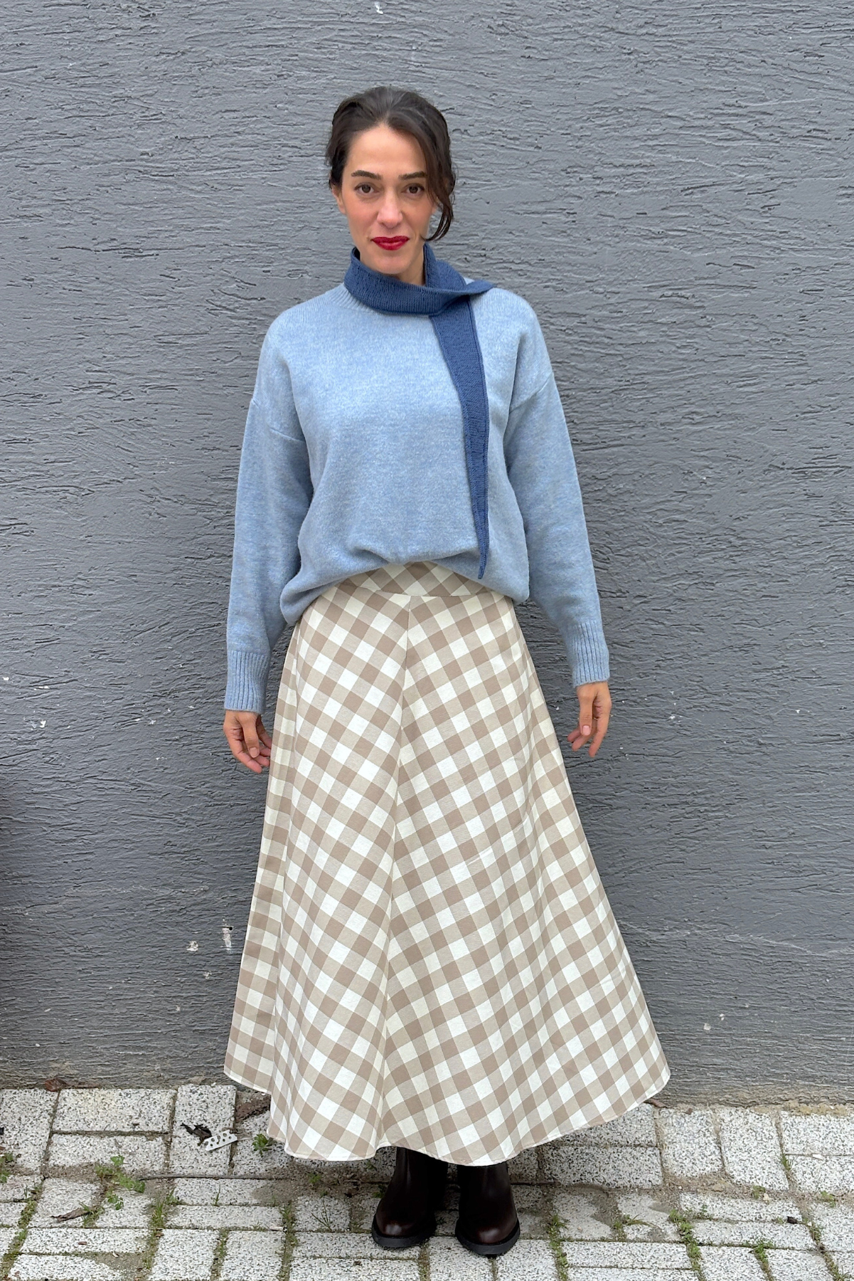 Krem Kareli Kanvas Maksi Etek