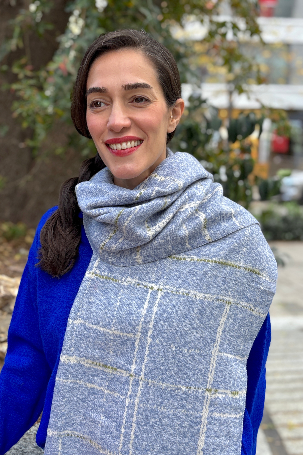 Mavi Angora Yünlü Atkı - Çift Taraflı