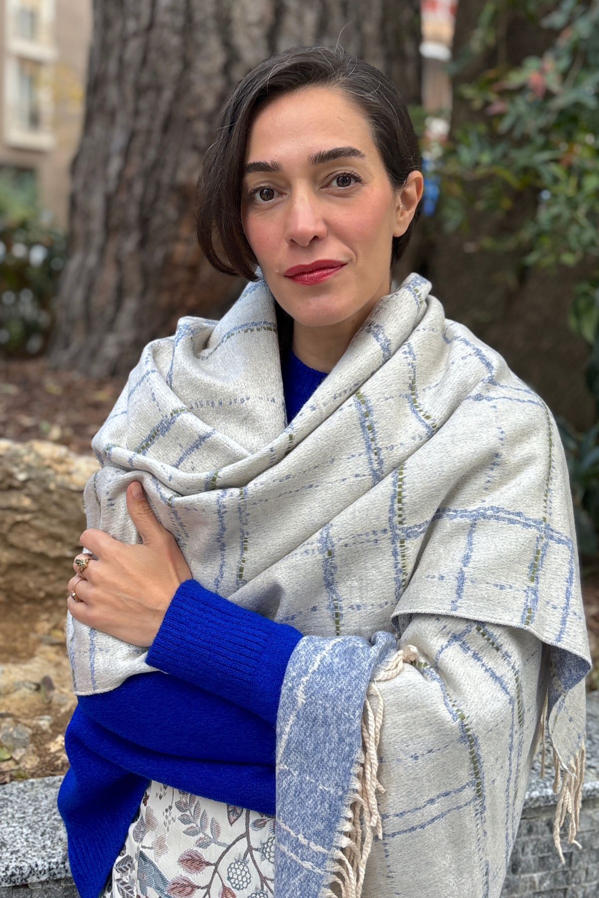 Mavi Angora Yünlü Atkı - Çift Taraflı