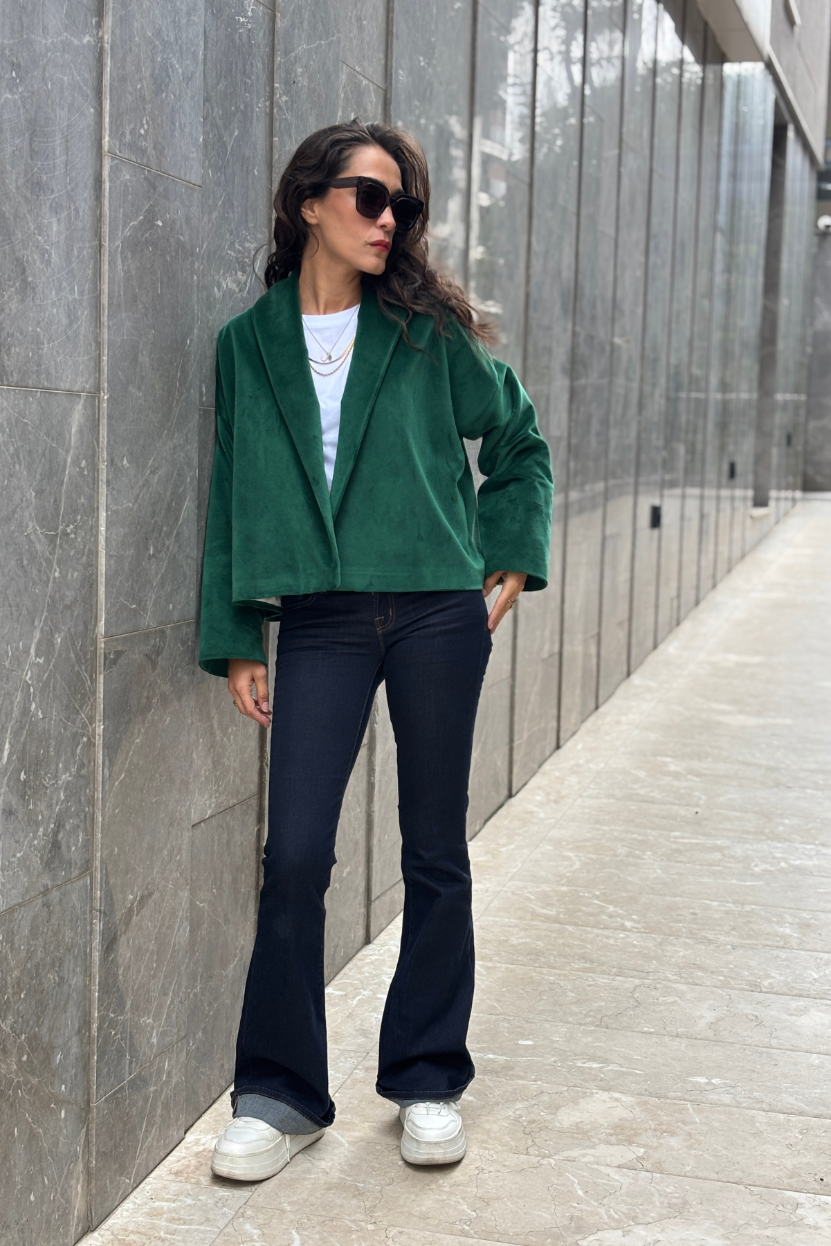 Ördek Başı Yeşil Kadife Ceket