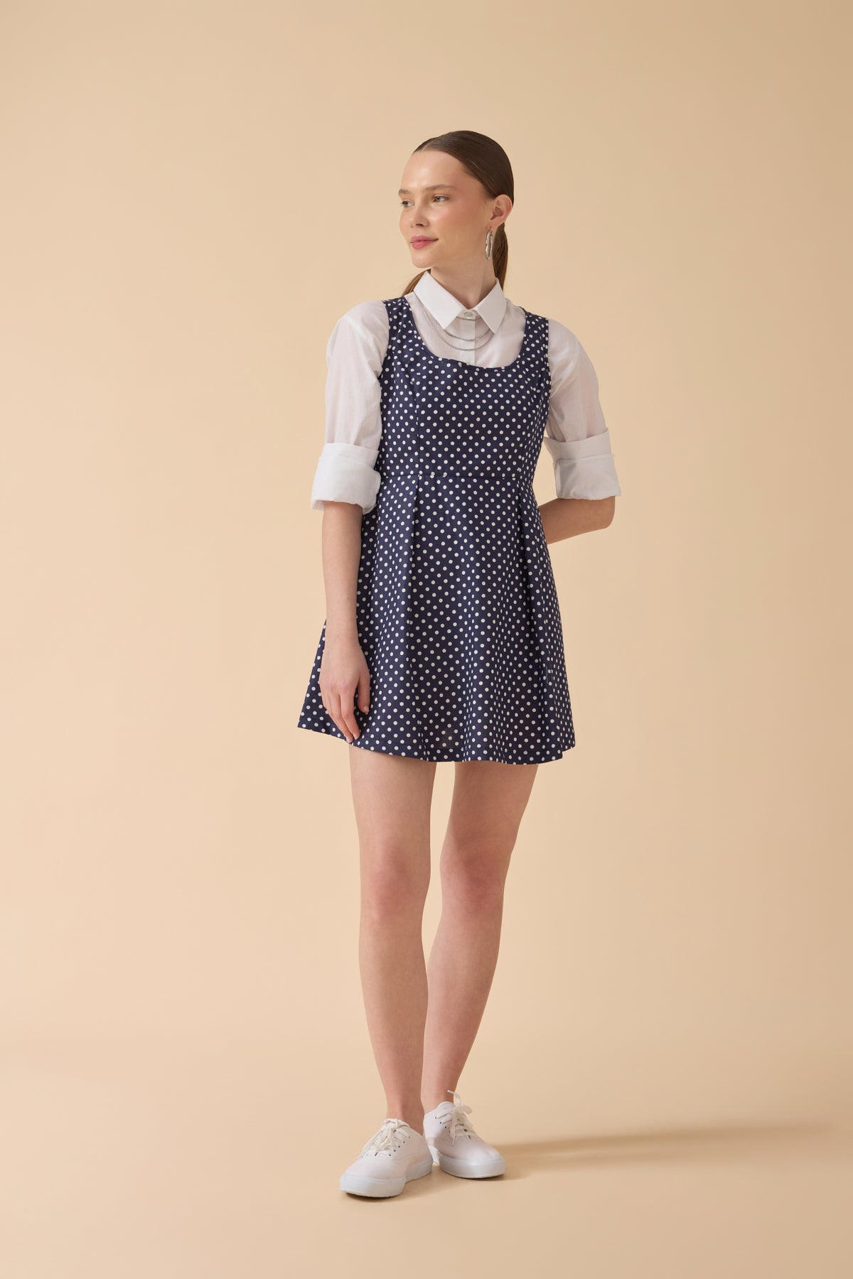 Lacivert Puantiye Desenli Pinafore Elbise