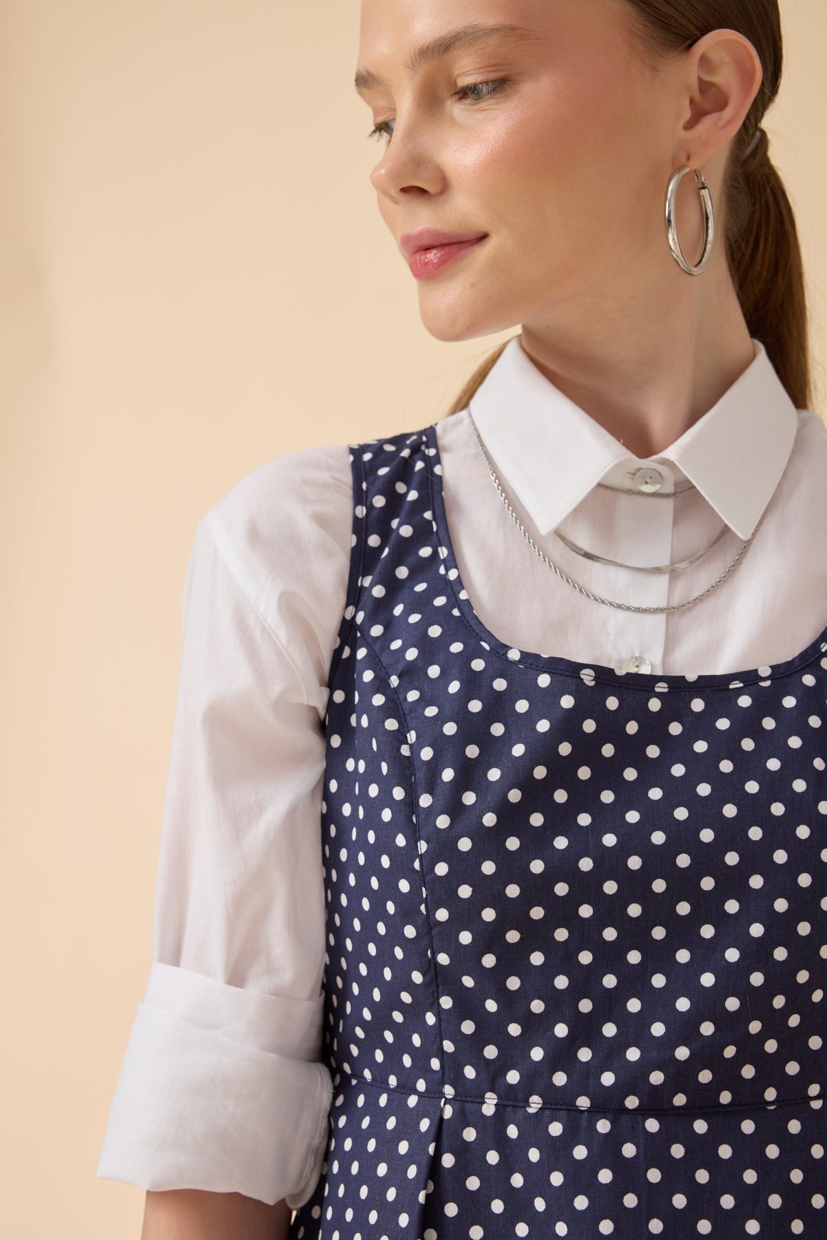 Lacivert Puantiye Desenli Pinafore Elbise