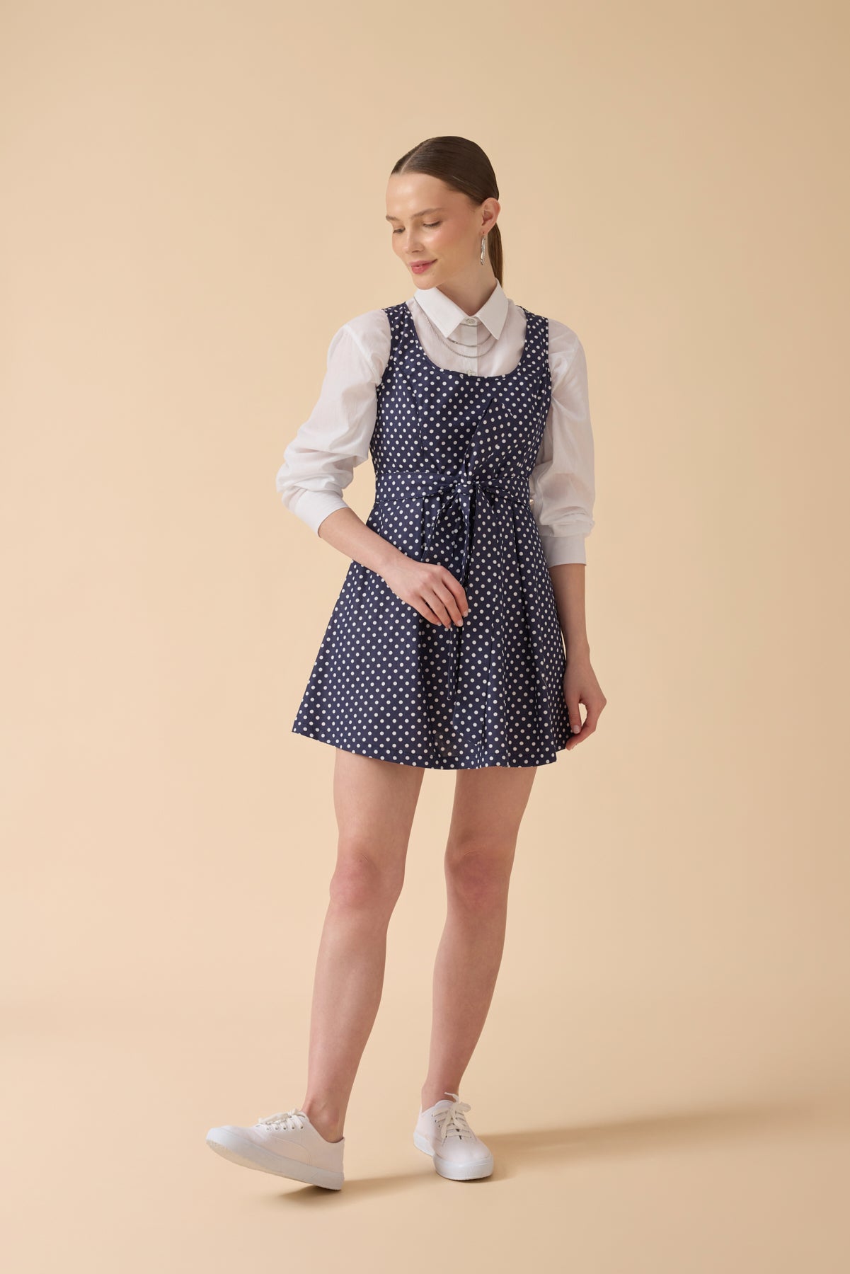 Lacivert Puantiye Desenli Pinafore Elbise