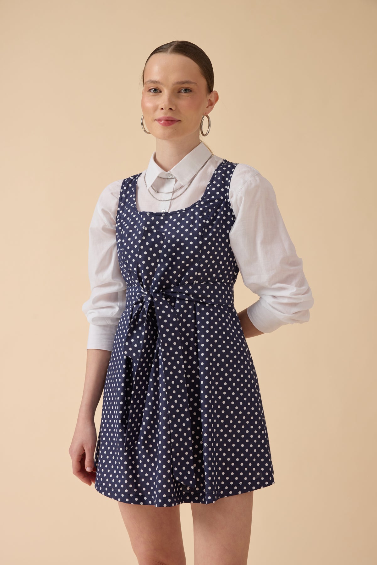 Lacivert Puantiye Desenli Pinafore Elbise