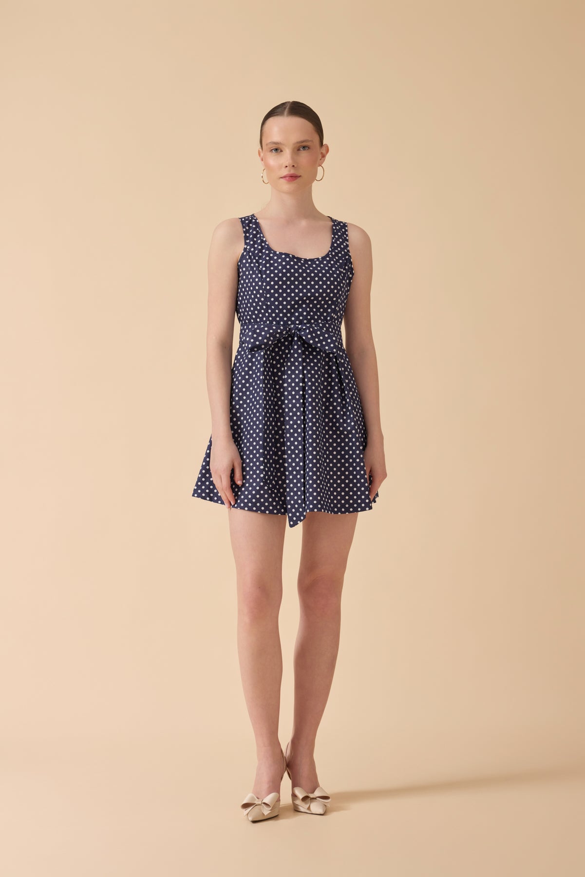 Lacivert Puantiye Desenli Pinafore Elbise