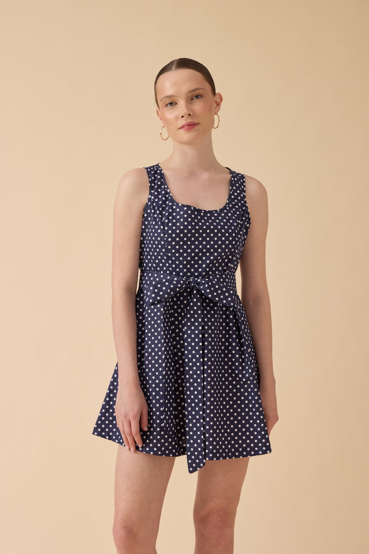 Lacivert Puantiye Desenli Pinafore Elbise
