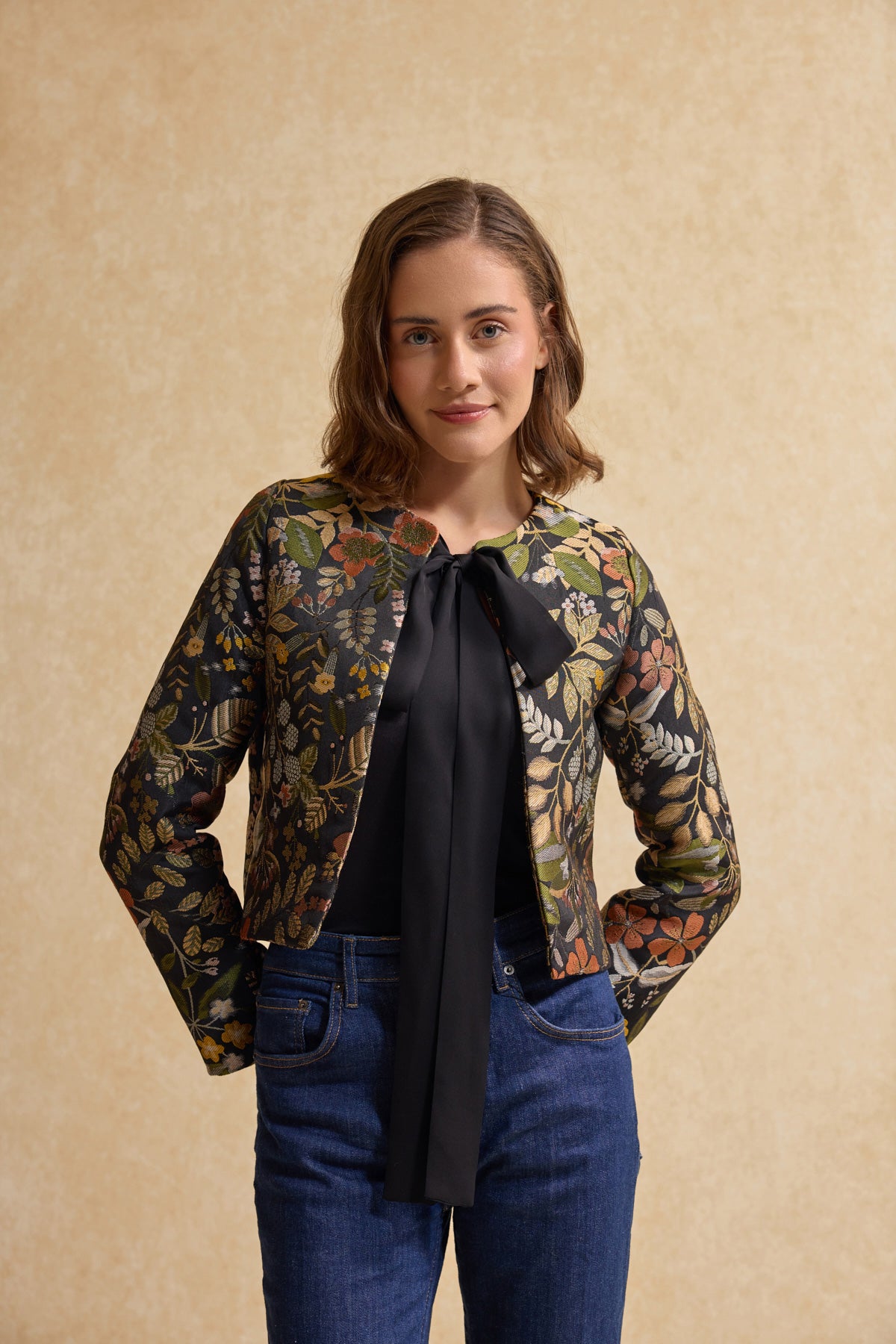 Dokuma Crop Blazer Ceket - Siyah