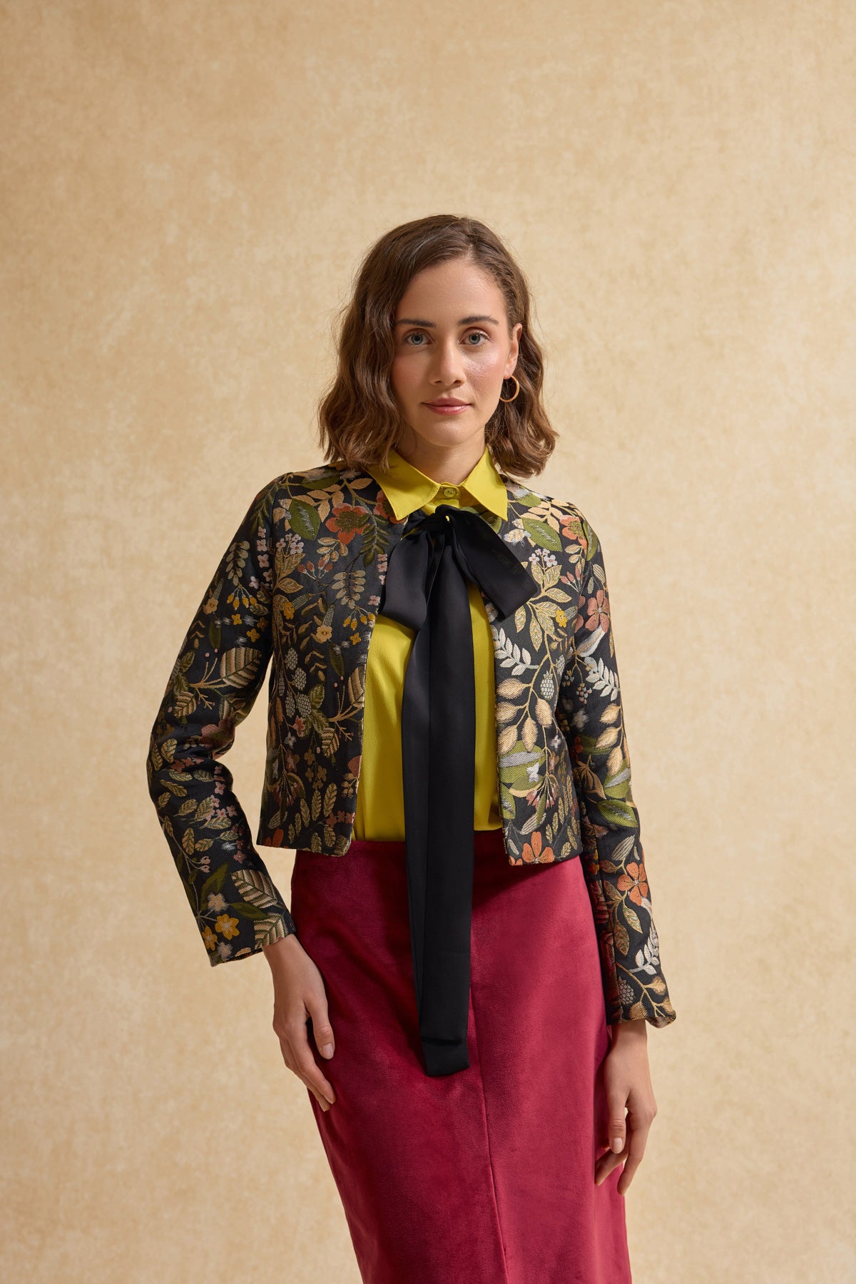Dokuma Crop Blazer Ceket - Siyah