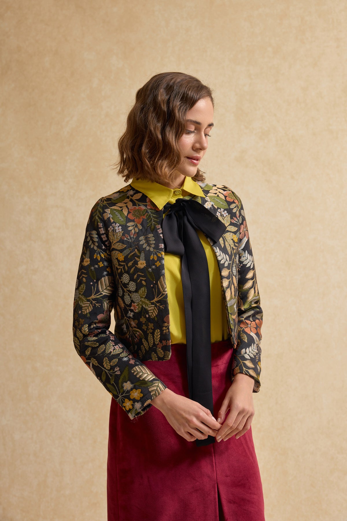 Dokuma Crop Blazer Ceket - Siyah