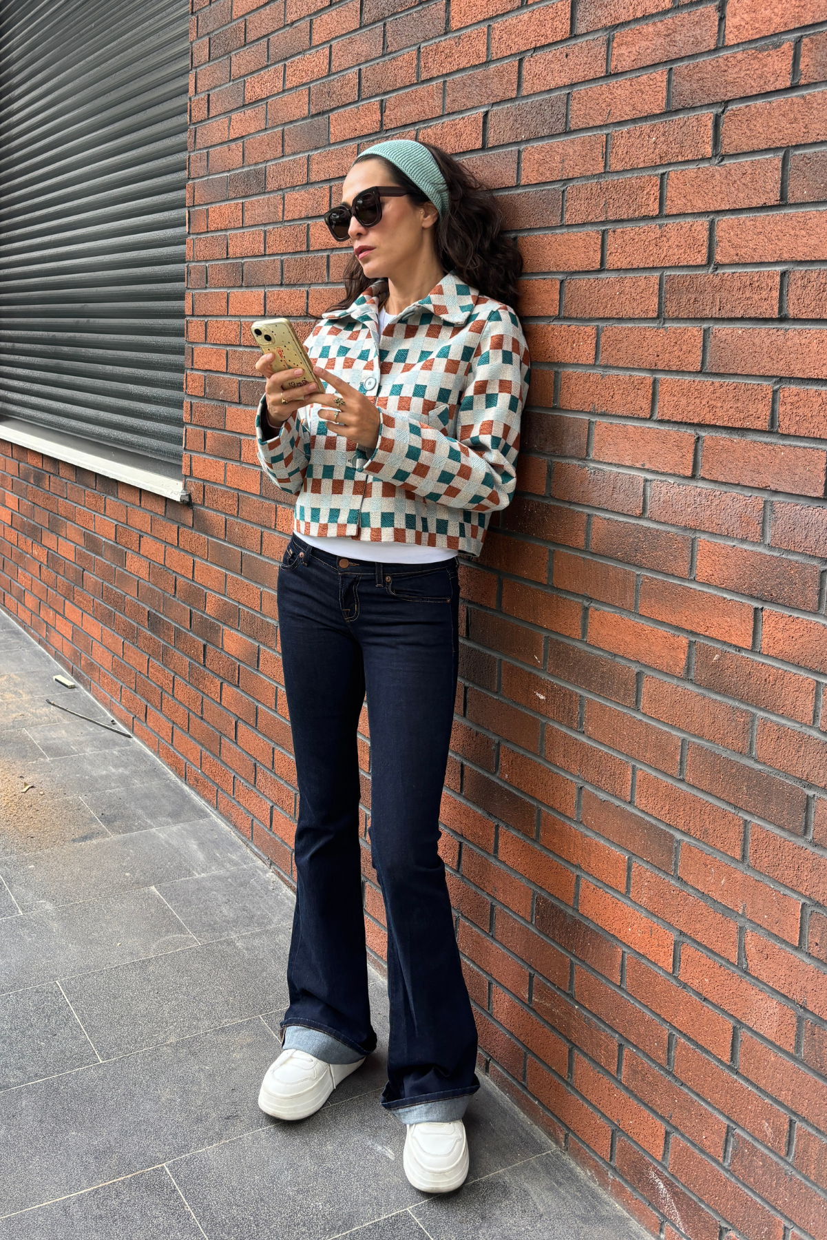 Damalı Dokuma Crop Blazer Ceket - Kiremit & Turkuaz
