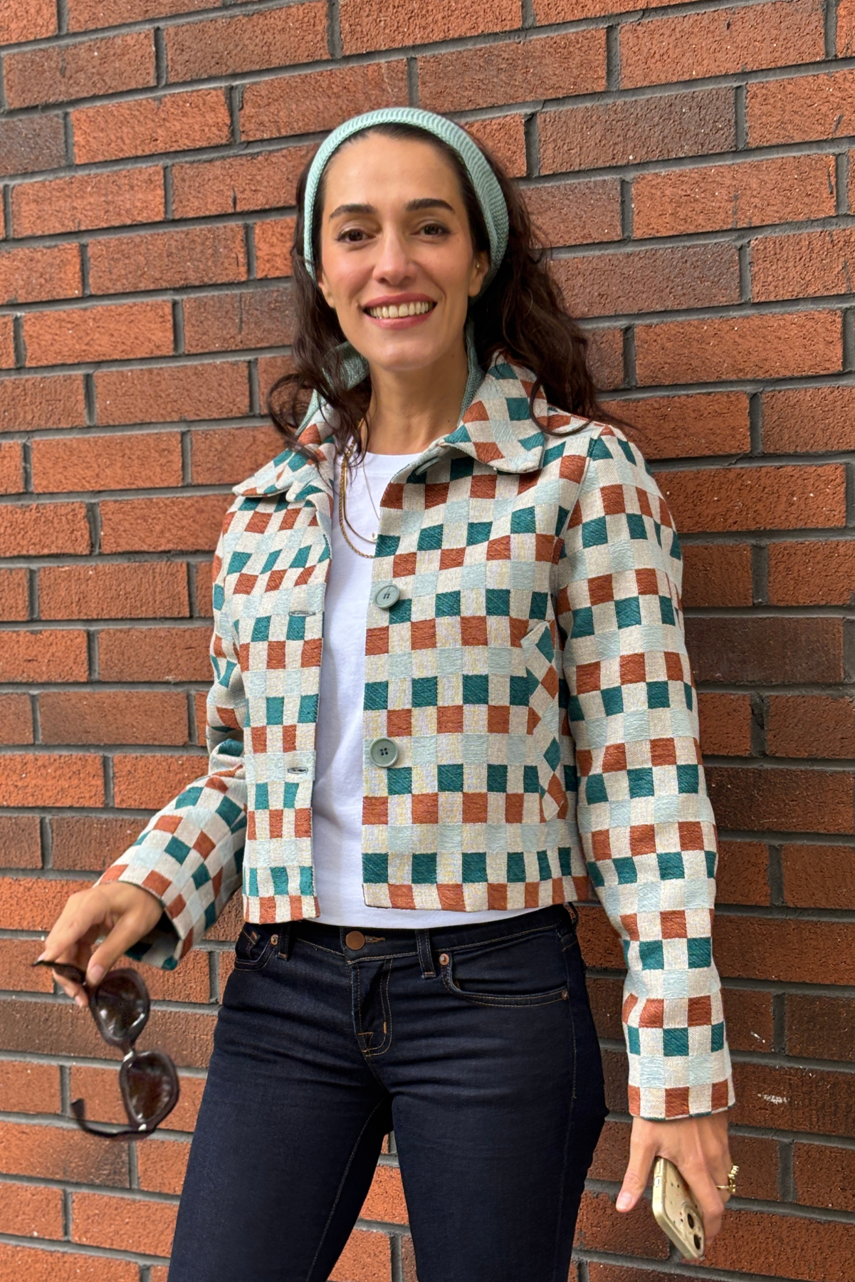 Damalı Dokuma Crop Blazer Ceket - Kiremit & Turkuaz