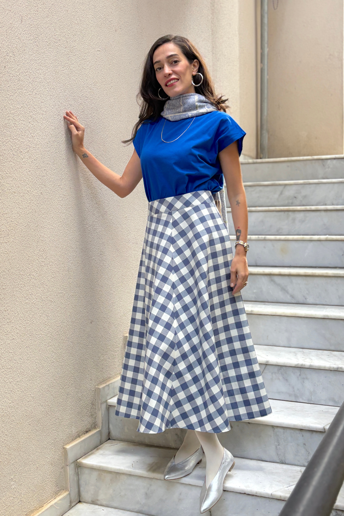 Lacivert Kareli Kanvas Maksi Etek