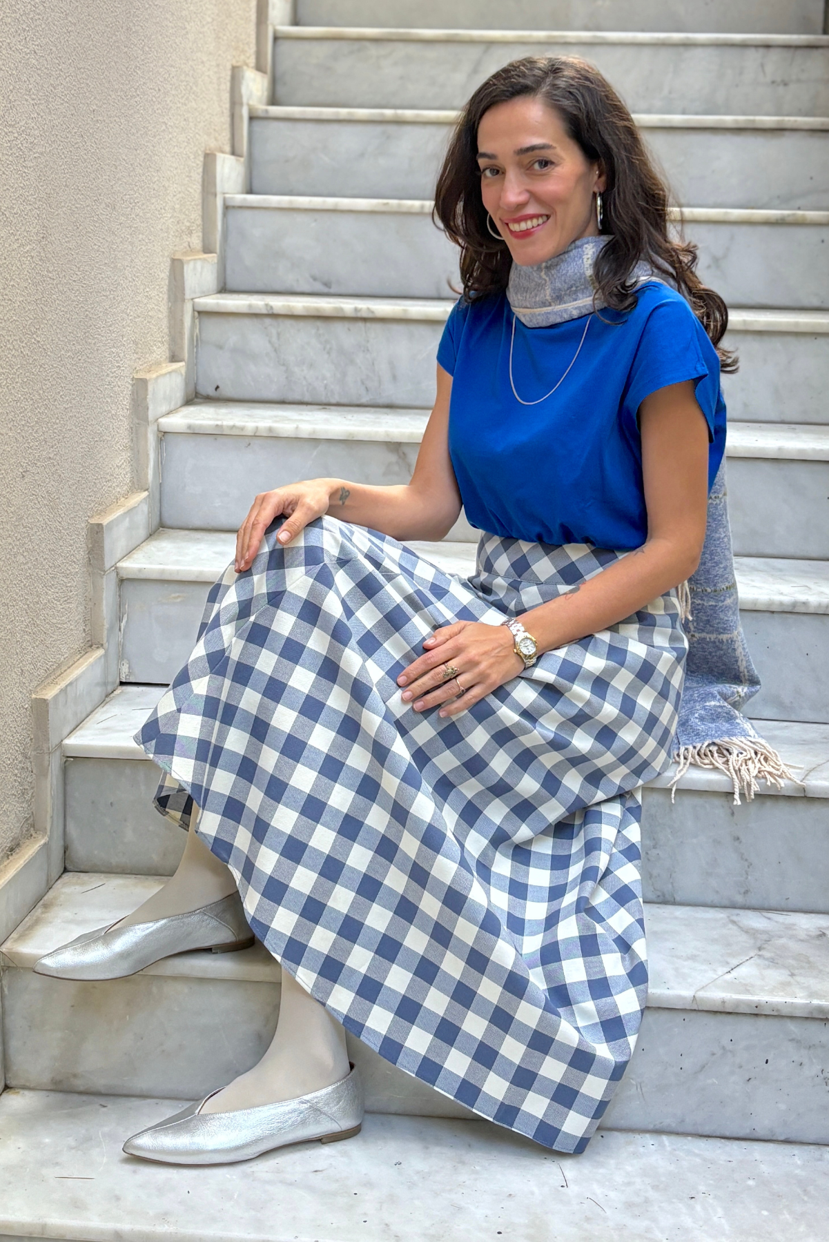 Lacivert Kareli Kanvas Maksi Etek