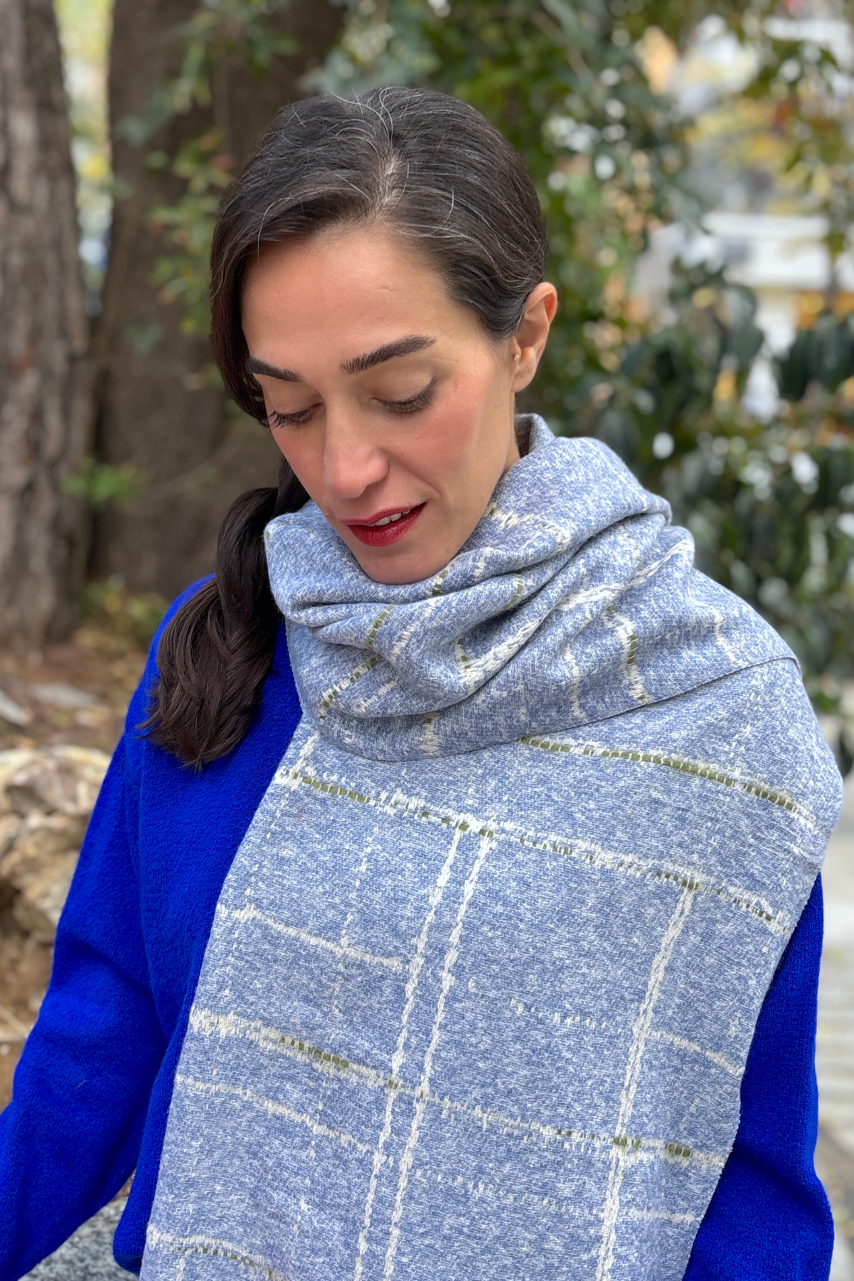 Mavi Angora Yünlü Atkı - Çift Taraflı