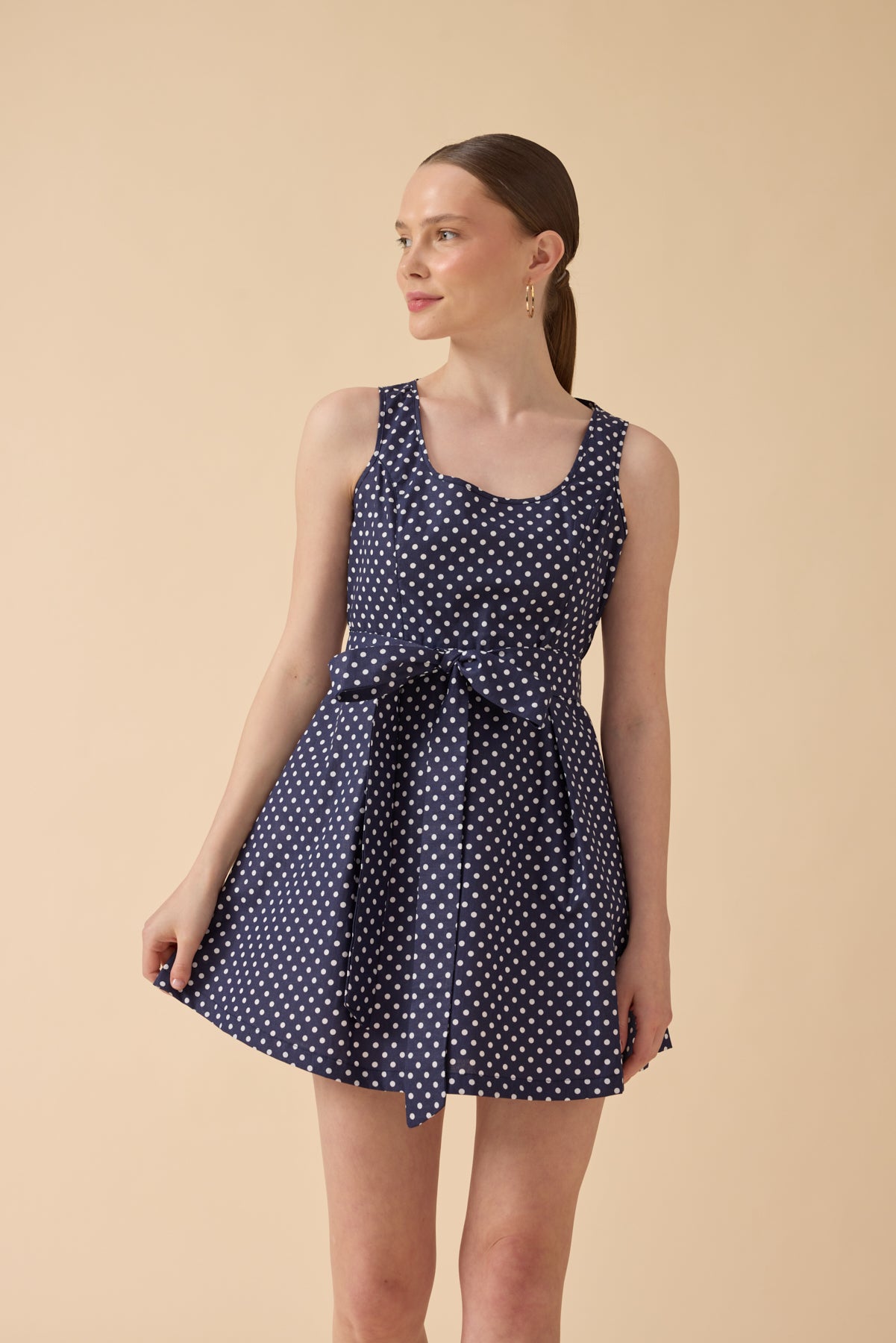 Lacivert Puantiye Desenli Pinafore Elbise